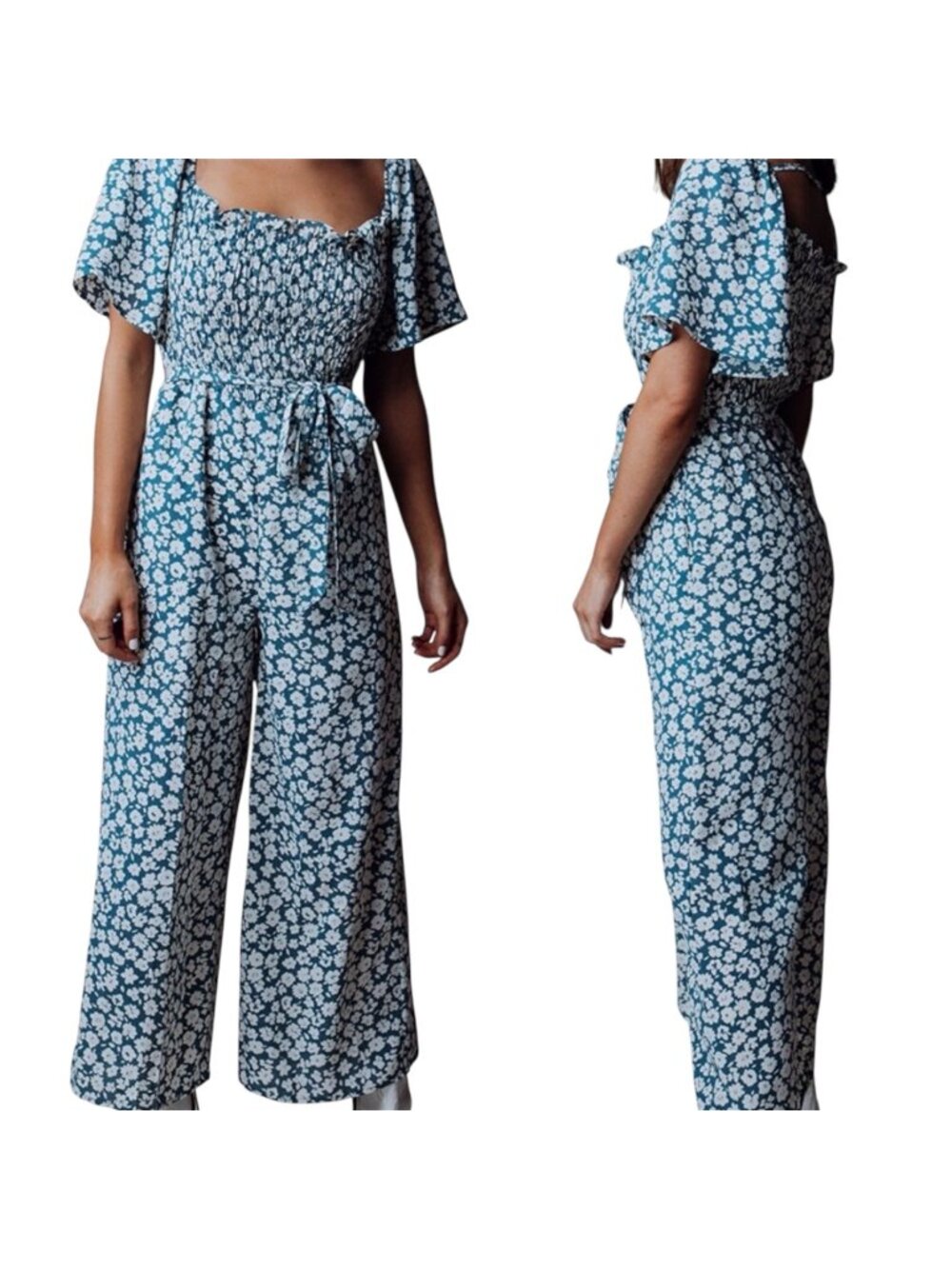 Hayden Los Angeles Blue Floral Smocked Wide Leg Jumpsuit - Medium